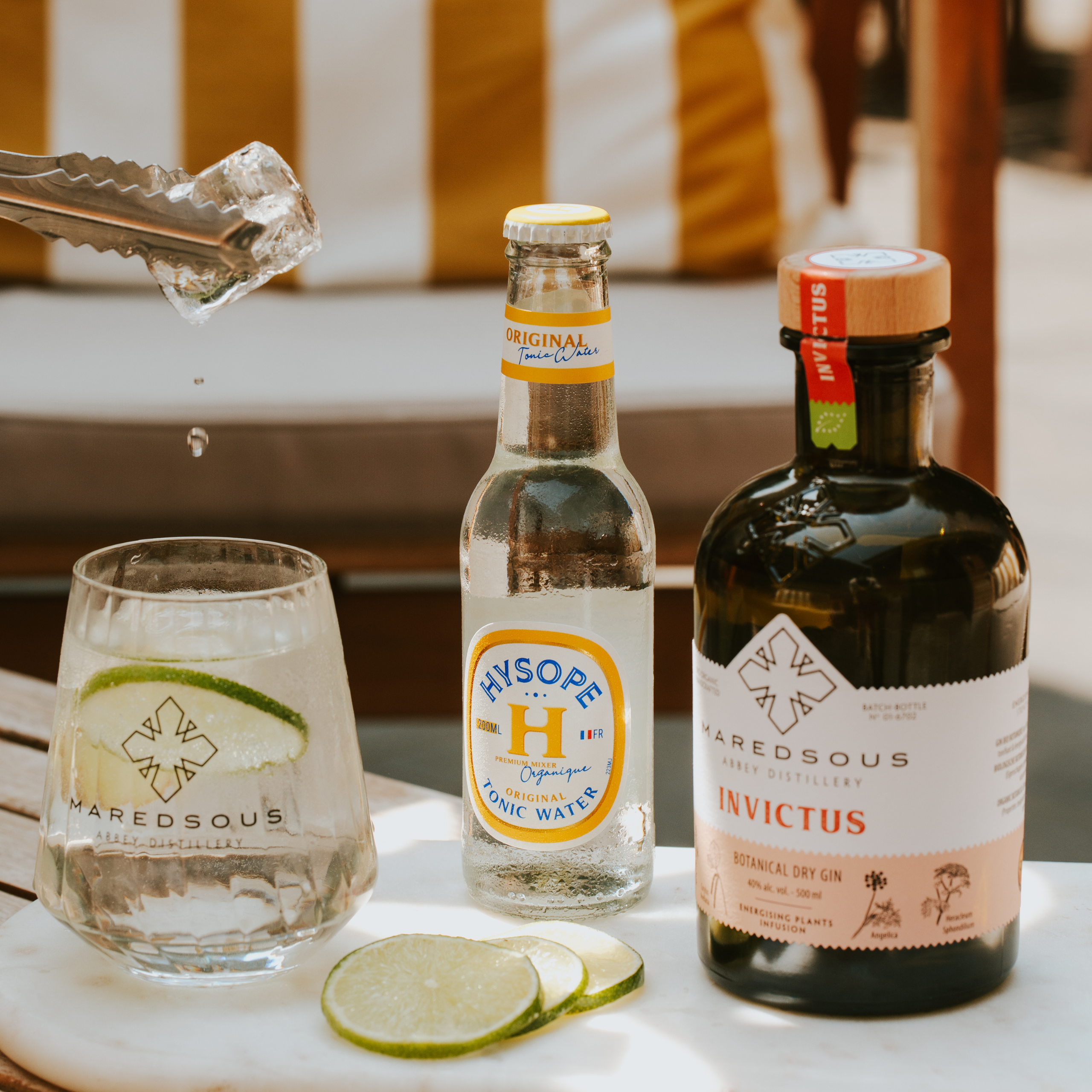 Un Gin Tonic botanique avec le Gin de l'abbey Maredsous et notre Tonic Water Original Hysope